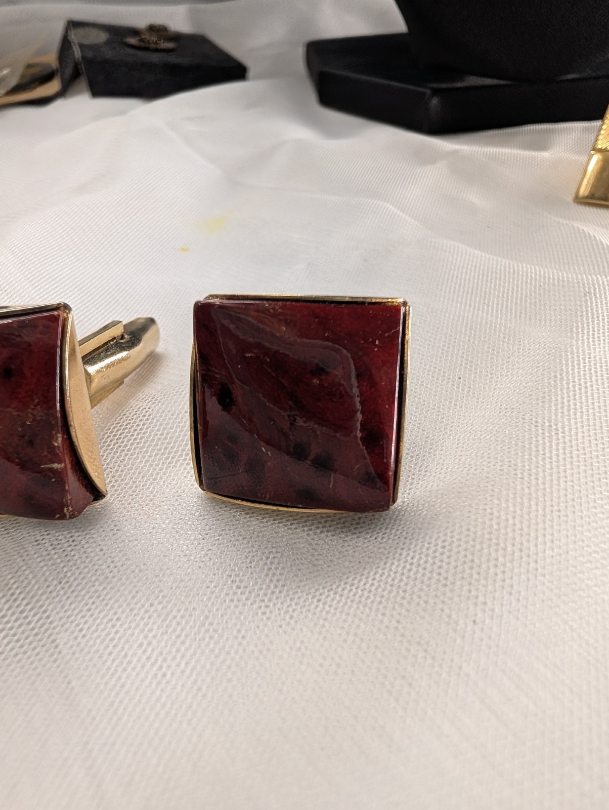 Vintage Cufflinks Lot 2 Pairs Red Stone Square & Faux Tortoiseshell Turtle Motif