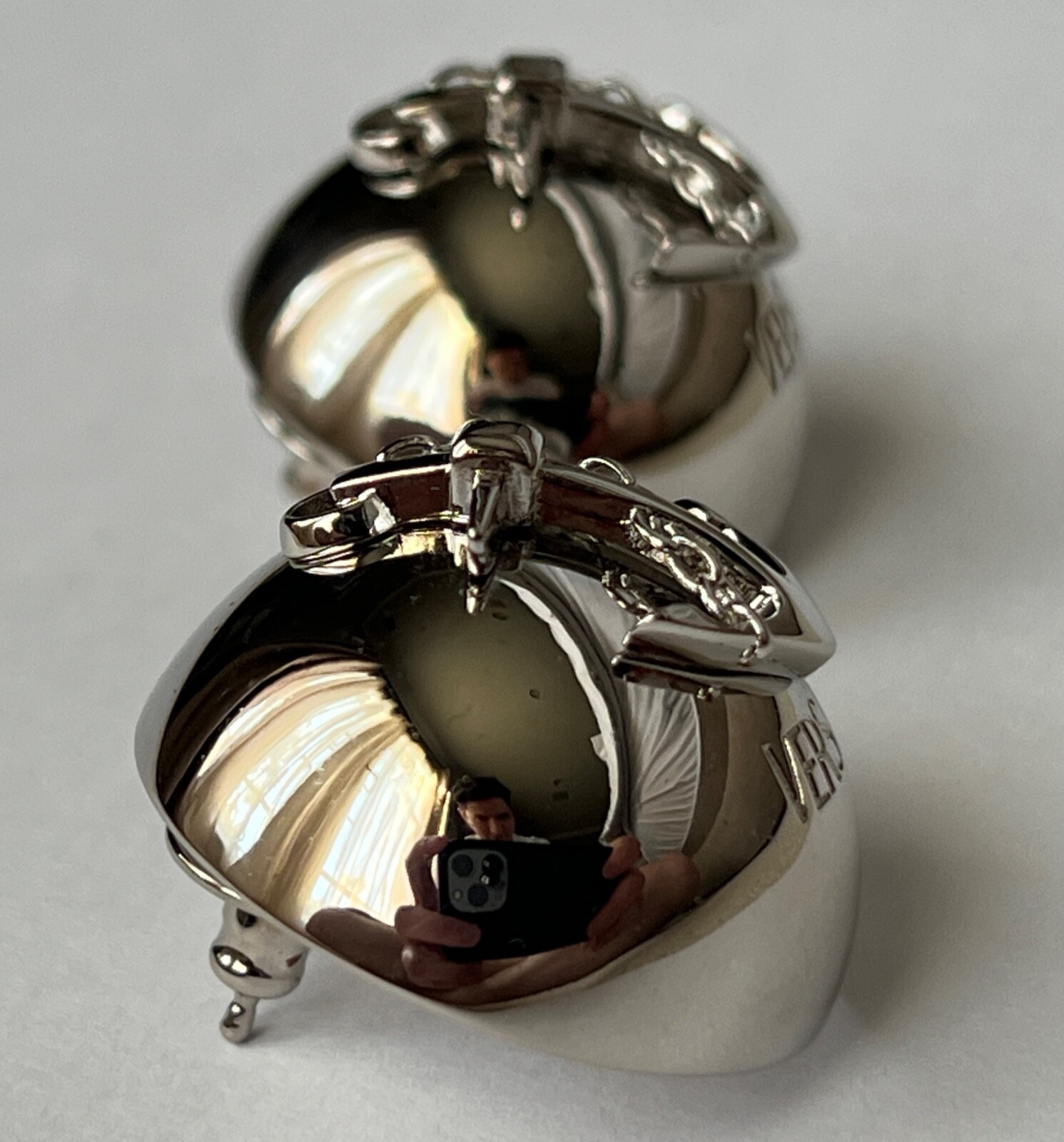 NIB Versace Nautical Anchor Logo Large Silver Sphere Round Ball Earrings $975