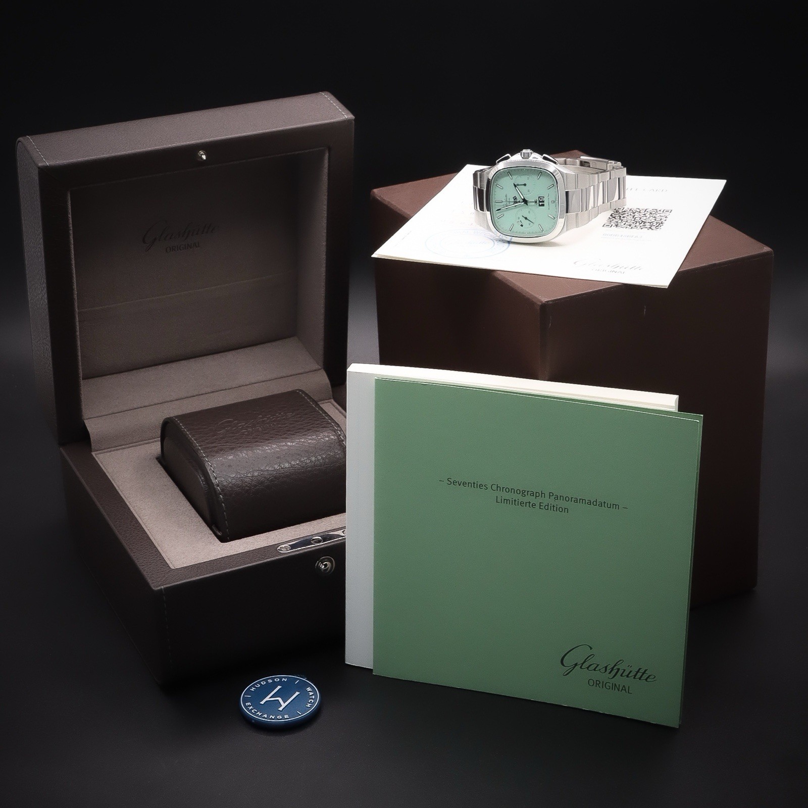 GLASHÜTTE Seventies Chrono Panorama Date Turquoise 1-37-02-15-02-70 Full Set