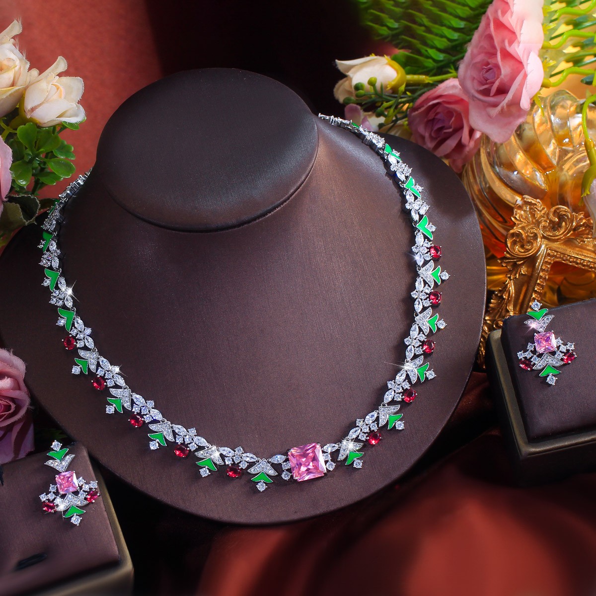 Christmas Tree Drop Earrings and Necklace Silver Plated Zircon Party Jewelry Set