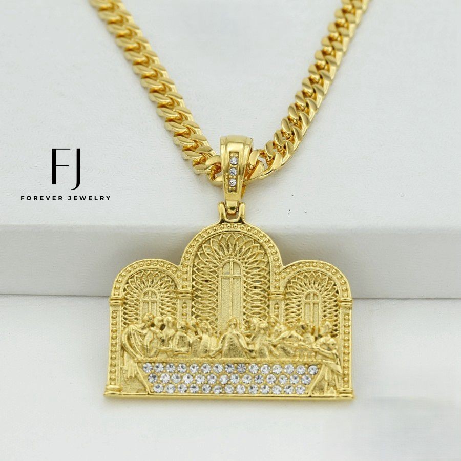 Men’s 24″ Stainless-Steel.last dinner CZ Pendant,Cuban Chain*Gold plated + Box