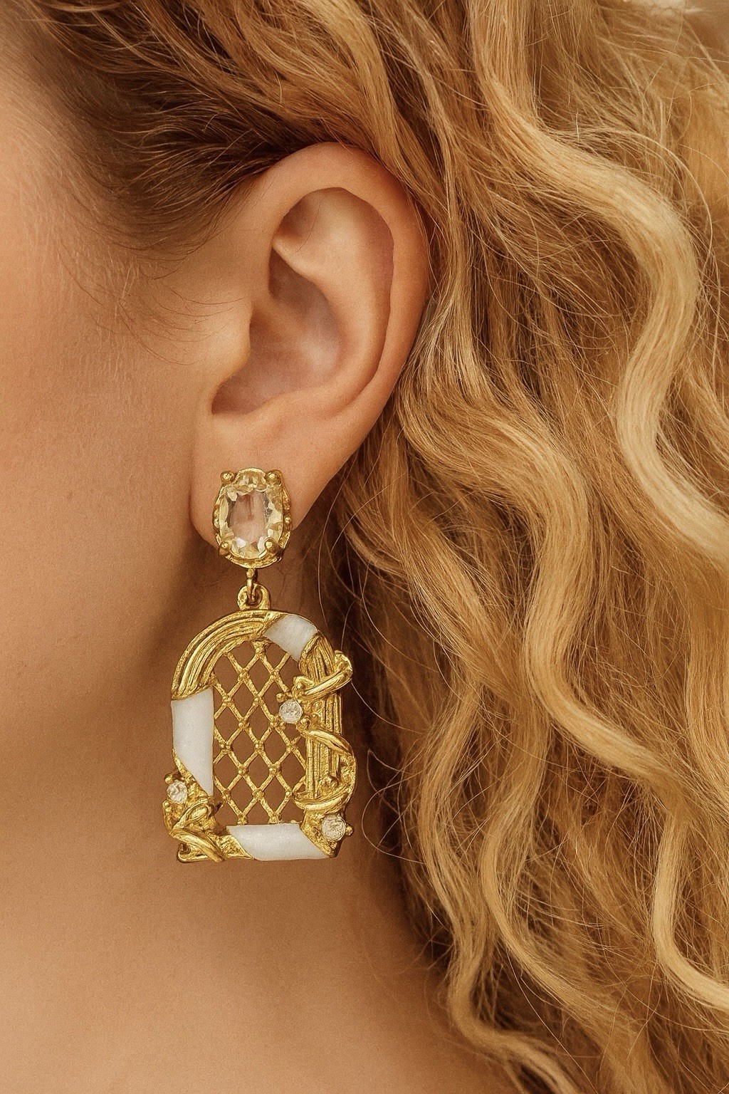 Museum Lattice Revival Antique Earrings Arch Window Court Palace Gold Art CZ VTG