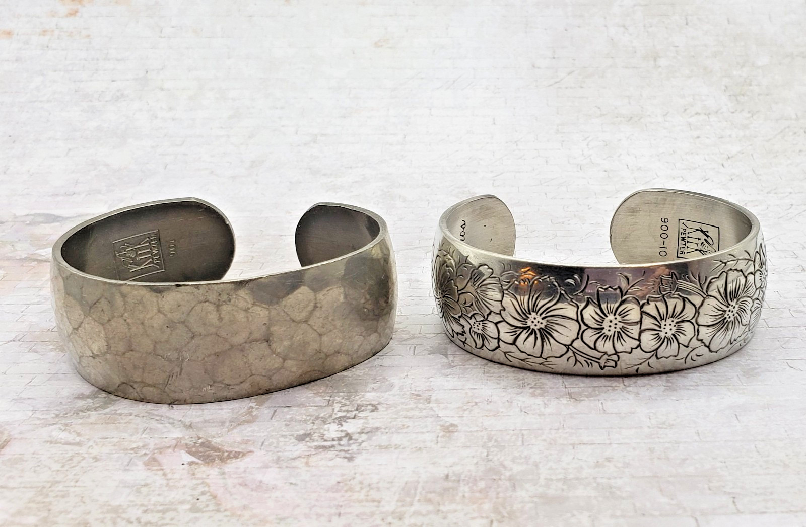 Set Of 2 Kirk & Sons Pewter Cosmos Etched Floral & Hammered Cuff Bracelets