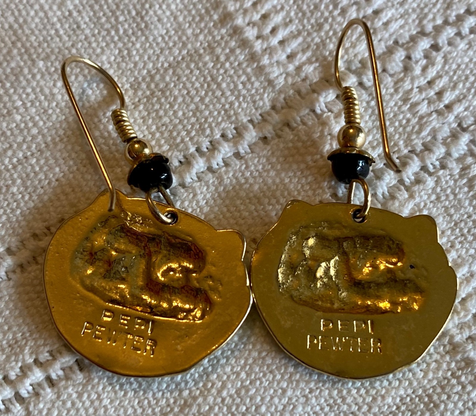 Vintage cat face earrings for pierced ears,signed Pepi Pewter,gold color plating
