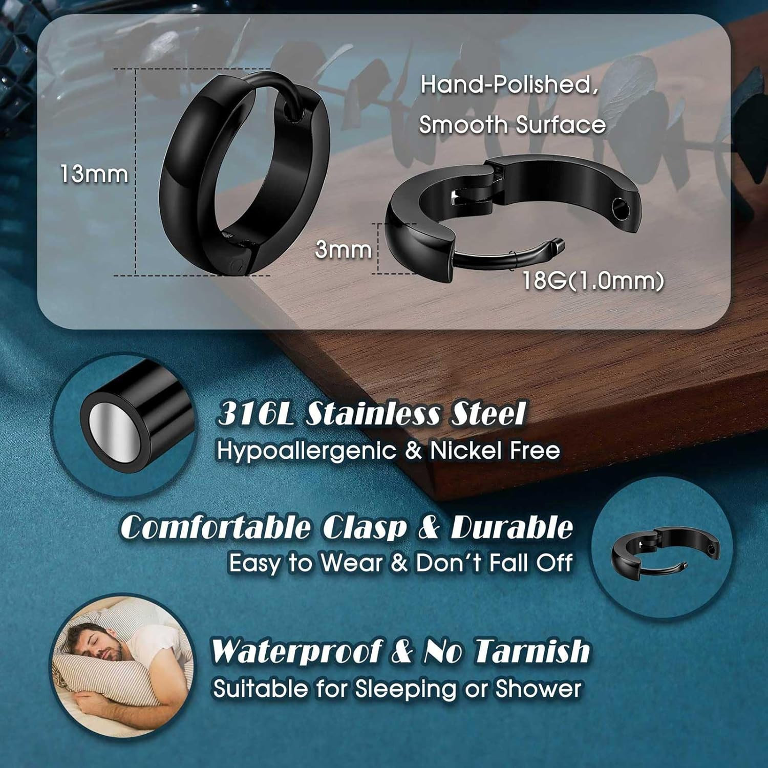 Hypoallergenic Small Hoop Earrings for Men Women 316L Surgical Stainless Steel G