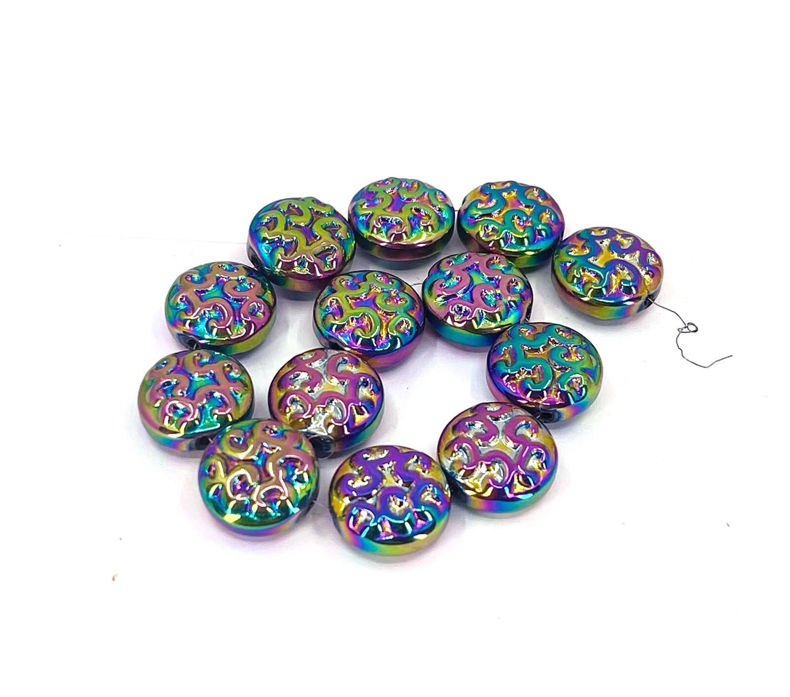 13mm Rainbow Peacock Glass AB Plated Carved pattern Disc Beads Metallic (13pc)