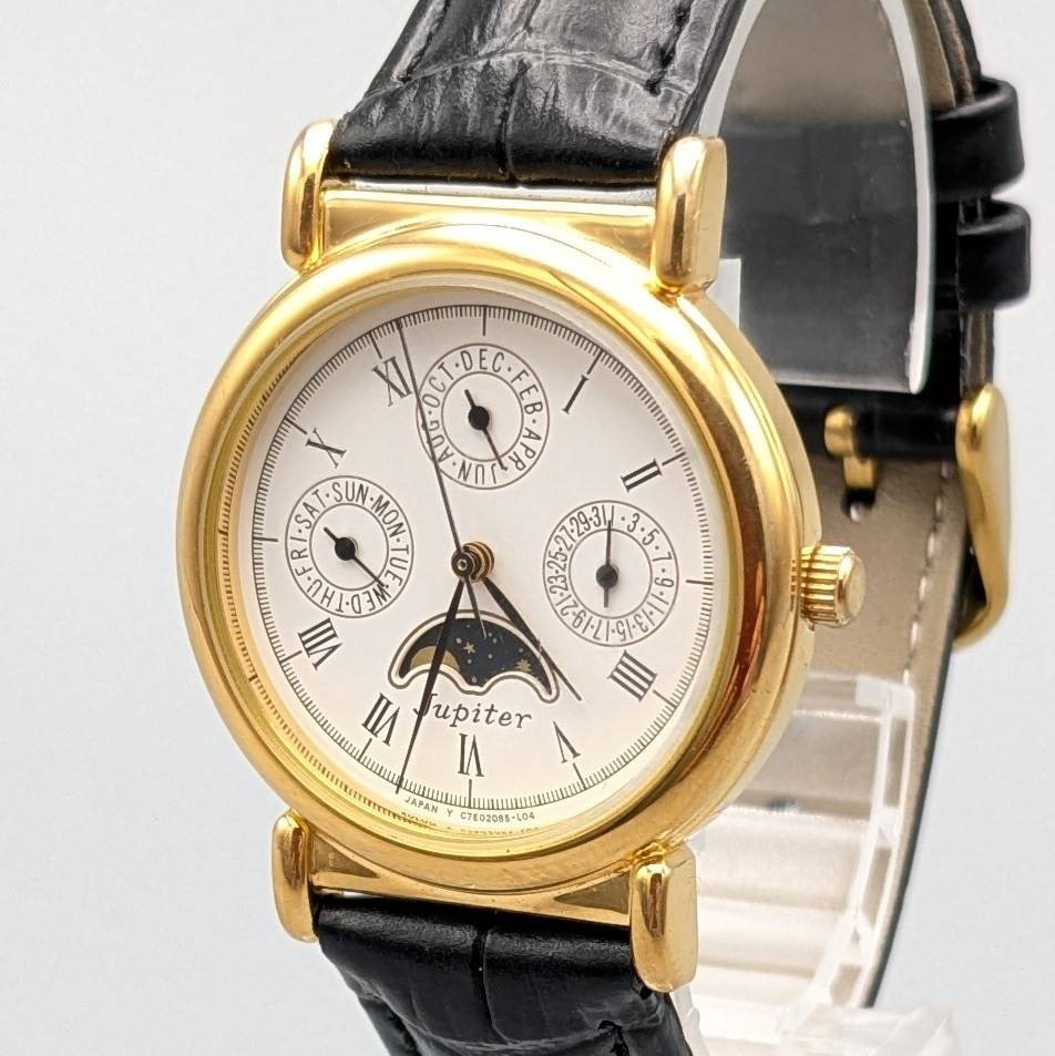 Vintage ORIENT Jupiter C7E508-50 Moon Phase Quartz Watch New Battery Strap Japan