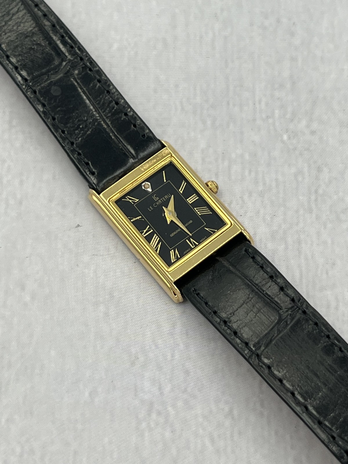 Le Chateau Women’s Black Leather Band Black Dial Genuine Diamond Dress Watch