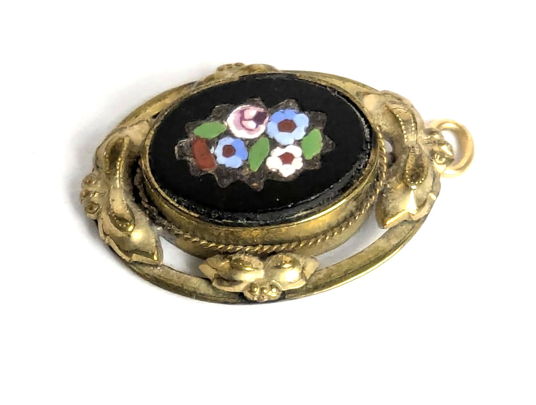 Antique Italian Pietra Dura Mosaic Inlay Floral Pendant Gold Filled Mounting