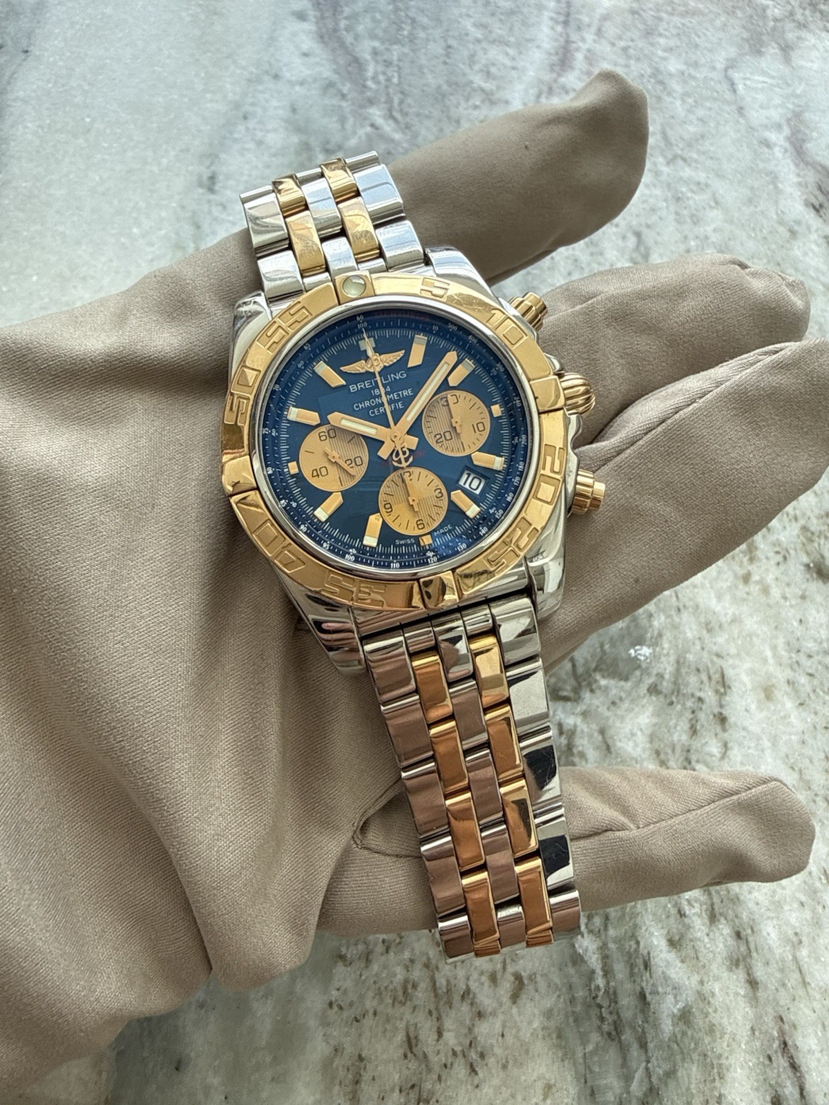 Breitling Chronomat 44 Blue Dial Chronograph CB0110 18K/Stainless Steel Watch