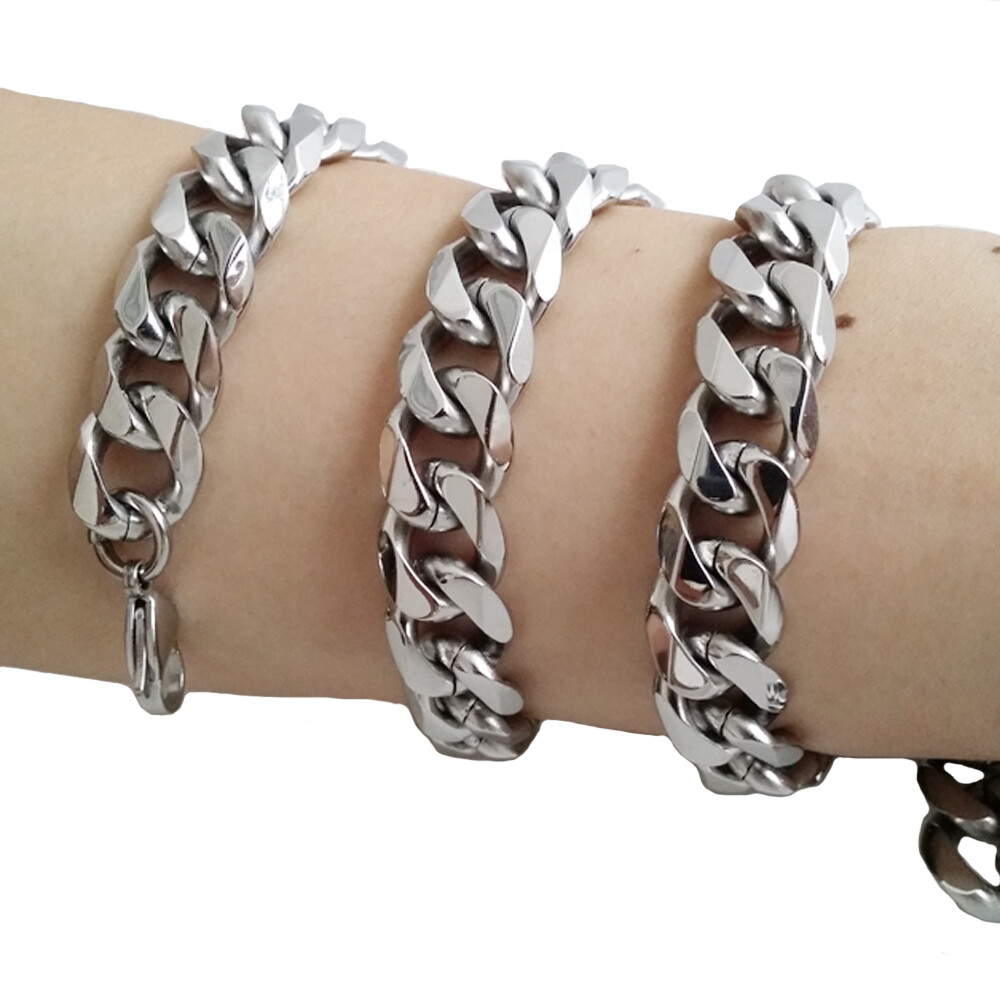 24″15mm Top 316L Stainless Steel Heavy Link Silver Curb Cuban Chain Men Necklace
