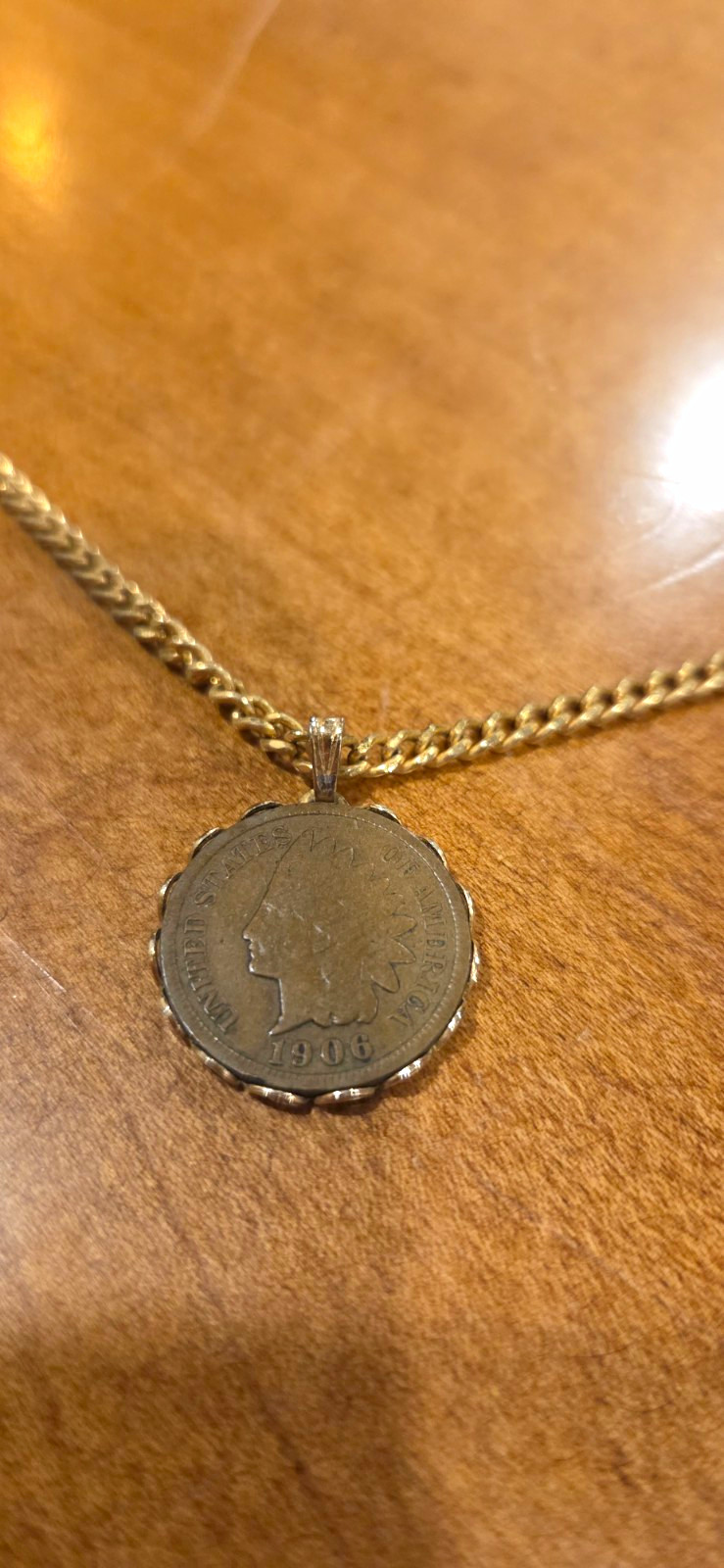 Gold Tone Metal Curb Link Chain Necklace with Round Coin Pendant Charm