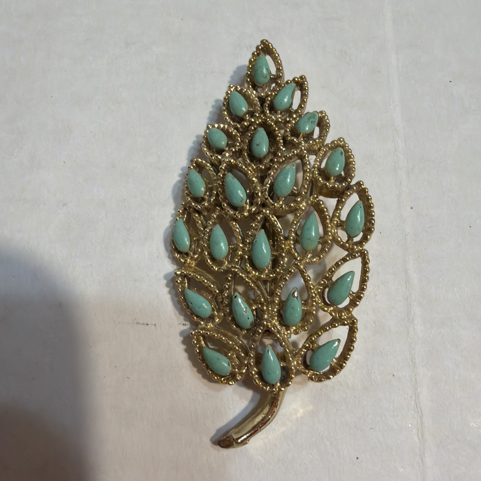 Gerry’s Gold Tone Leaf Brooch Turquoise Accent Leaves Vintage 1960’s Ship 5.00