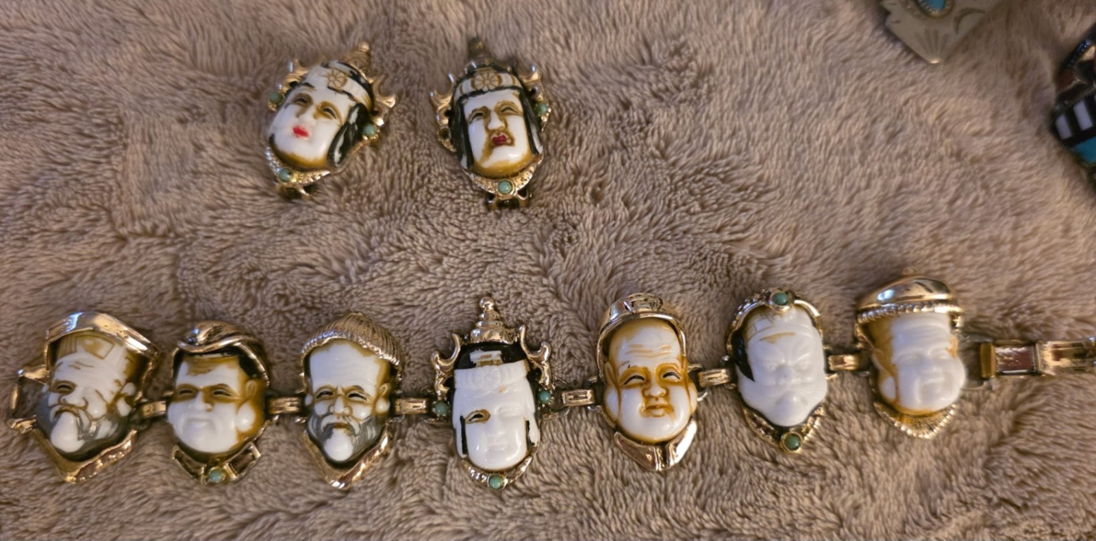 Vintage “Seven Gods of Fortune” bracelet clip-on earrings matching set.