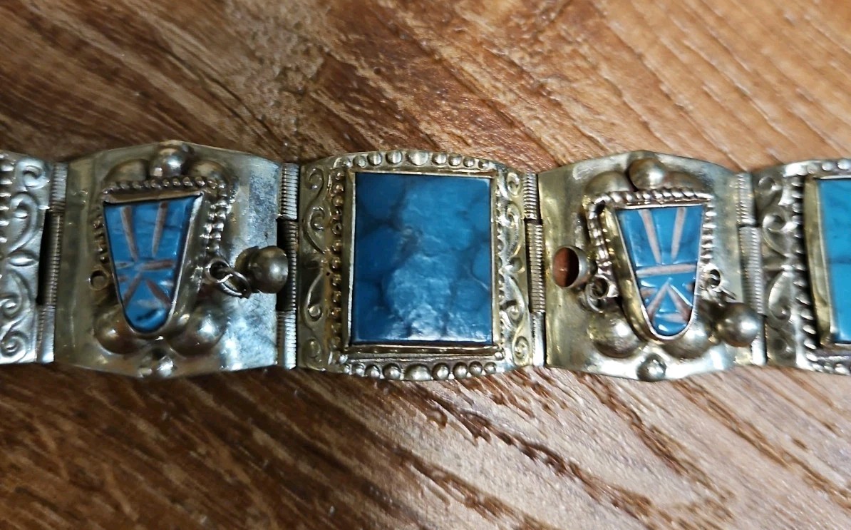 Vintage Silver & Turquoise Hecho En Mexico Taxco Alpaca Warrior Mask Bracelet 7”