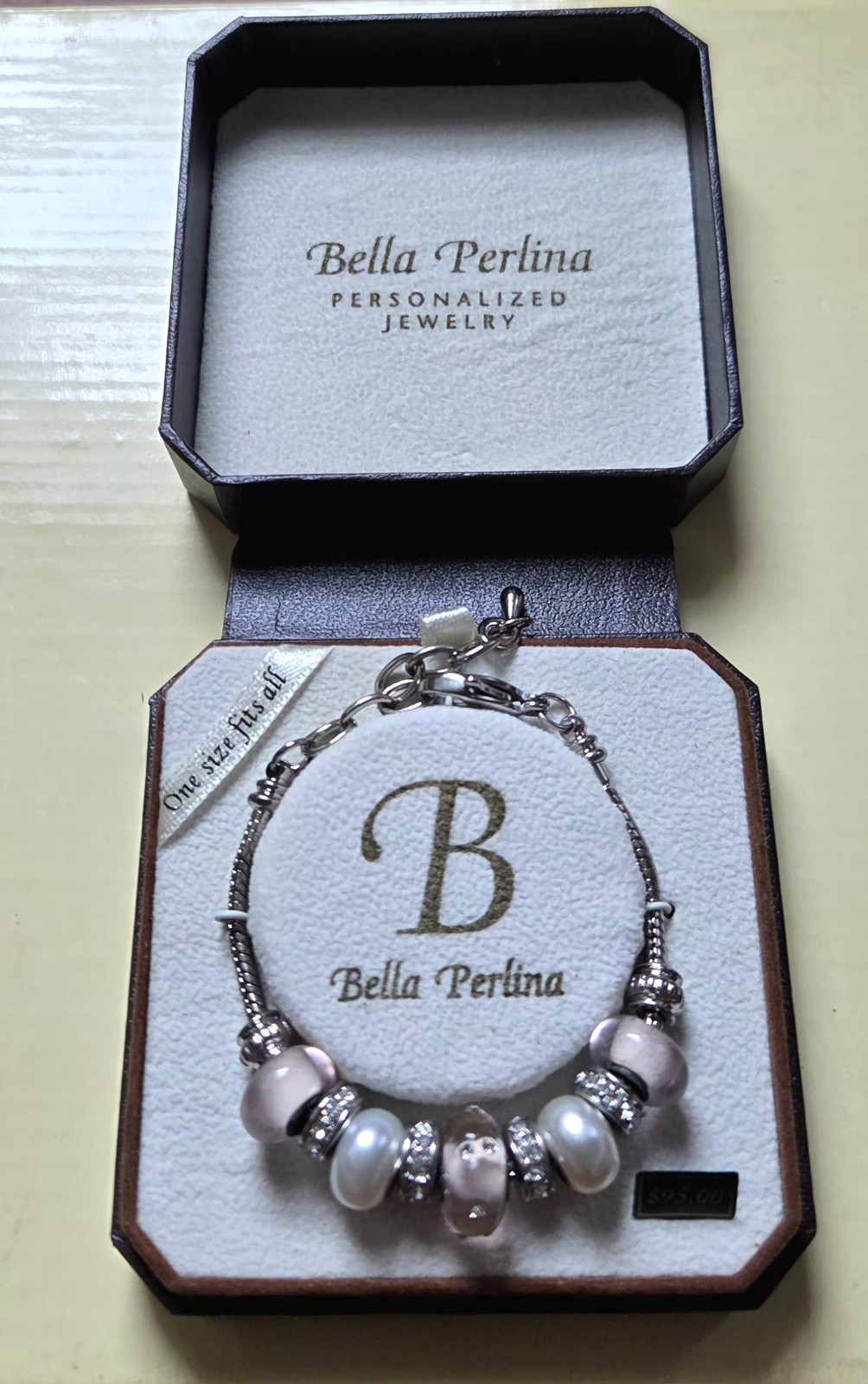 Bella Perlina Charm Bracelet Pink Crystals Pearls Adjustable Silver
