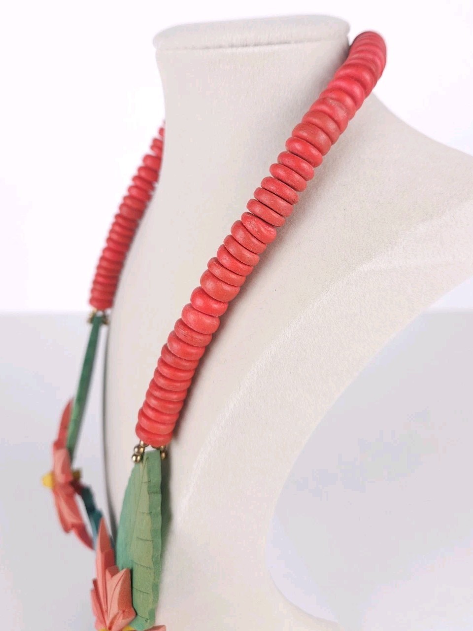 Colorful Dyed Wooden Flower Leaf Statement Beaded Necklace
