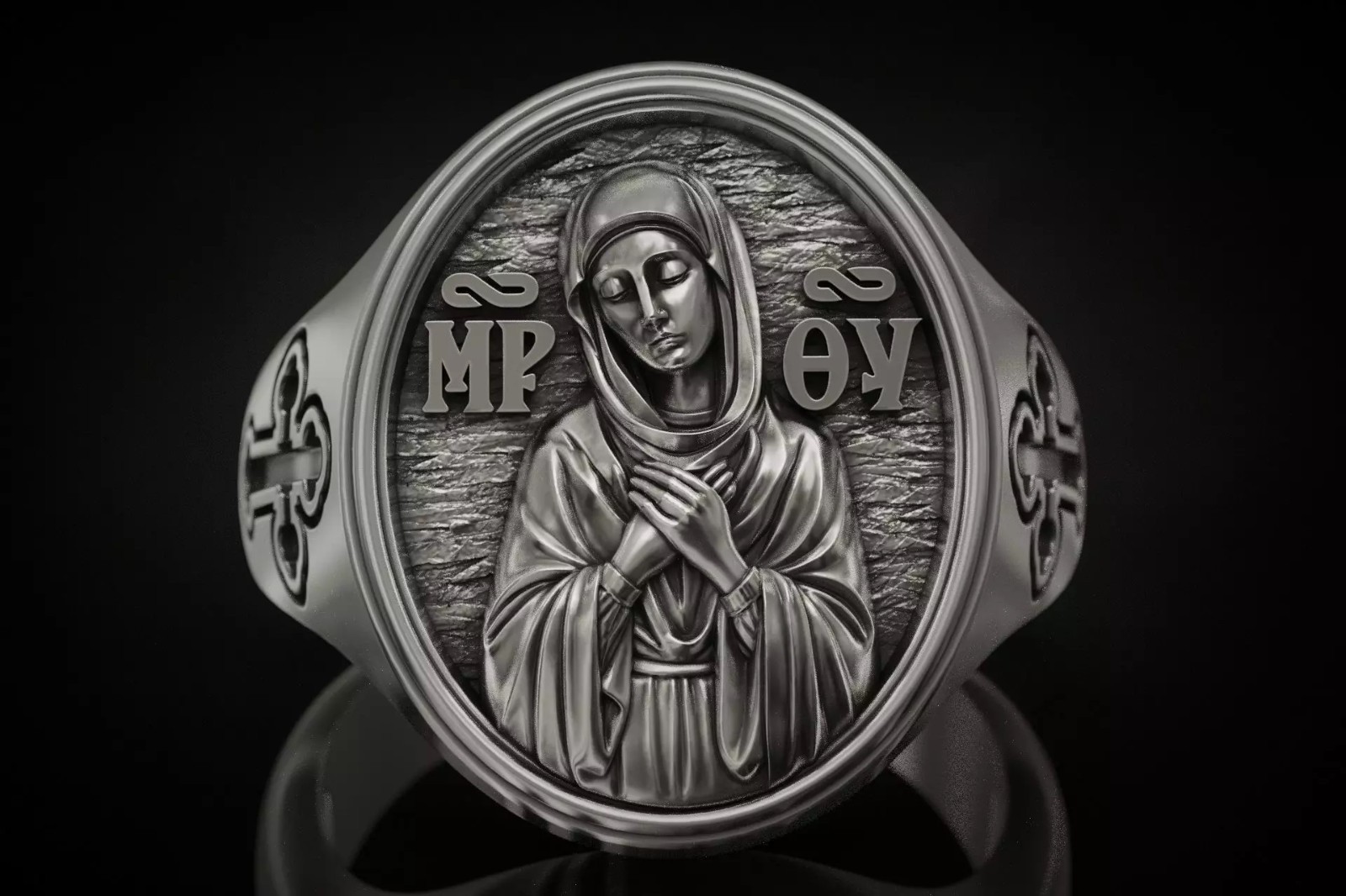 Oxidized Men’s Mother Of God Tenderness 925 Sterling Silver Statement Rings