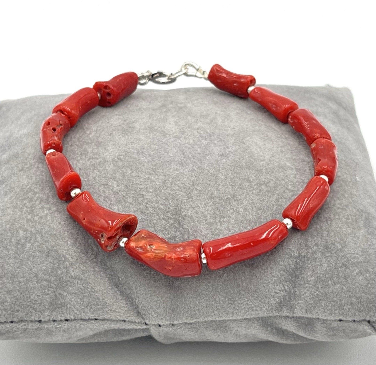 Natural Mediterranean Red Coral Bracelet 19.5cm 925 Silver Unisex Handmade