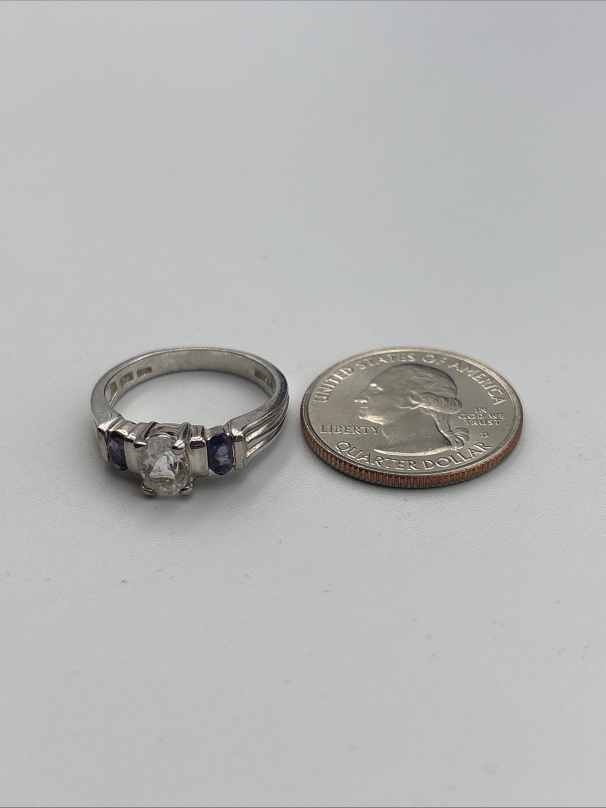 925 Sterling Silver Iolite Ring White Topaz Made In Thailand Size 8