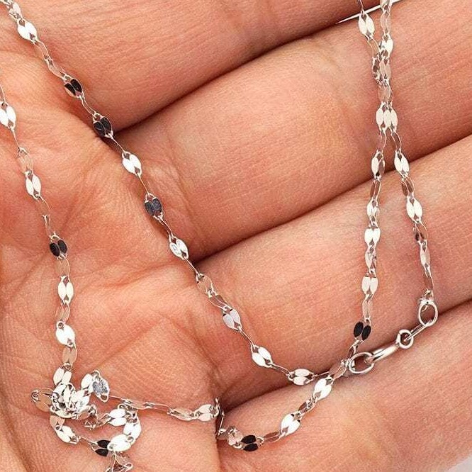 Solid 14K White Gold 2mm Diamond Cut Fancy Italian Mirror Necklace 16″ 18″
