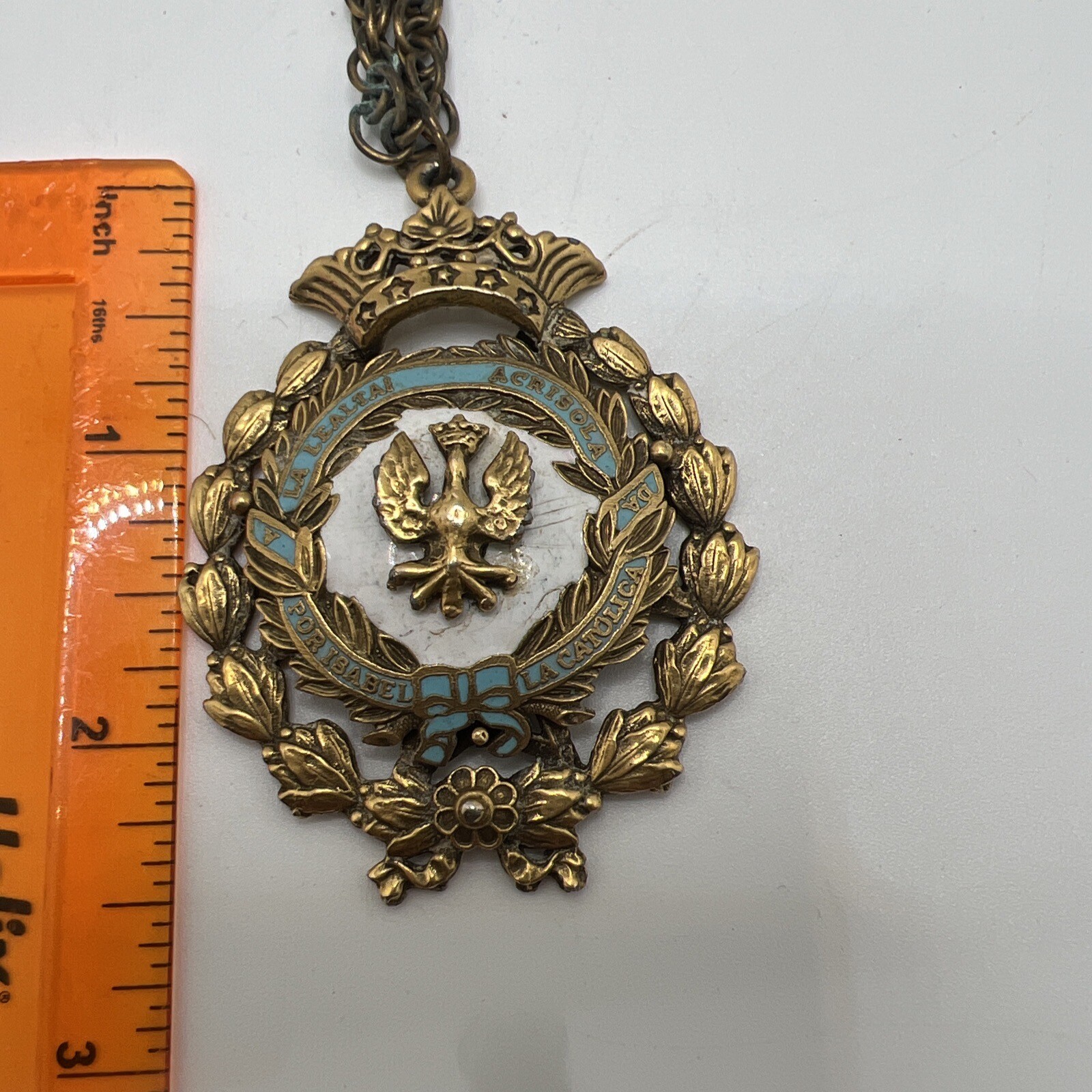 Vtg CORO Crown Eagle Pendant Enamel Isabel la Catolica Spain Medallion Jewelry