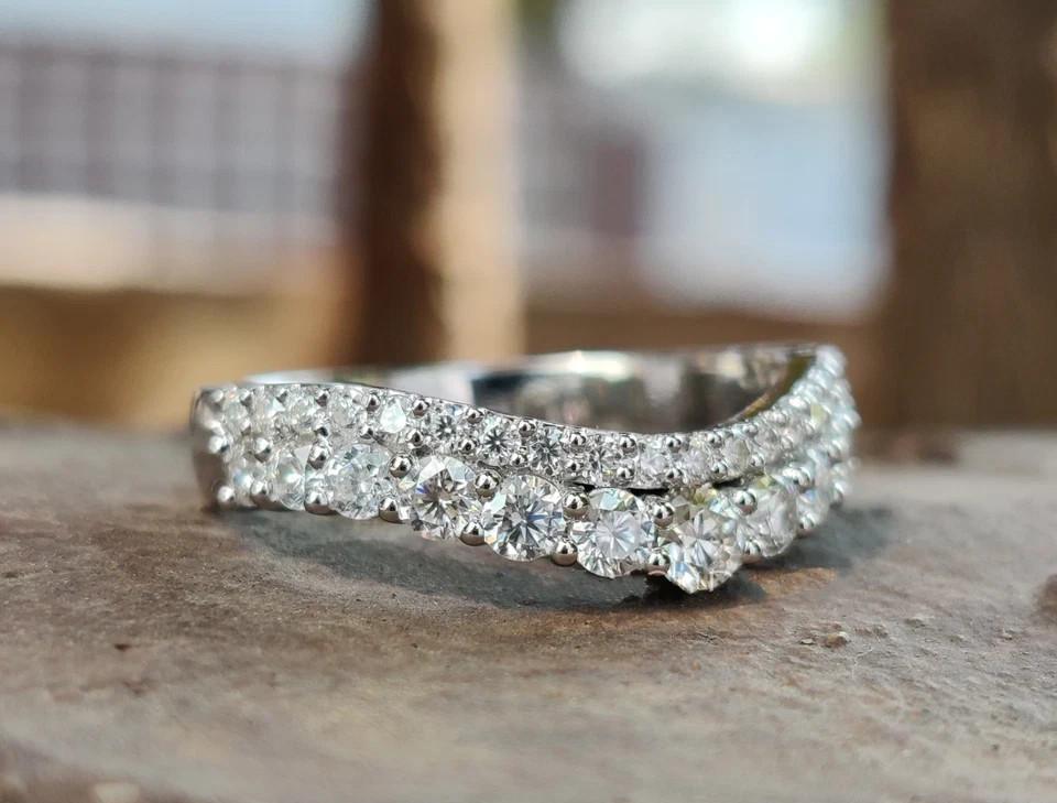 Moissanite Curved Wedding Band 14K White Gold Plated 2CT Excellent Round Cut