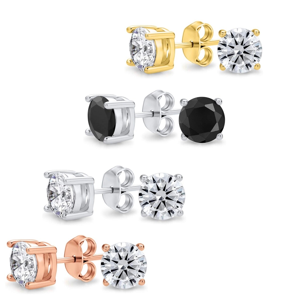 4PC 925 Sterling Silver Round Cubic Zirconia Black Studs Earrings Set Men Womens