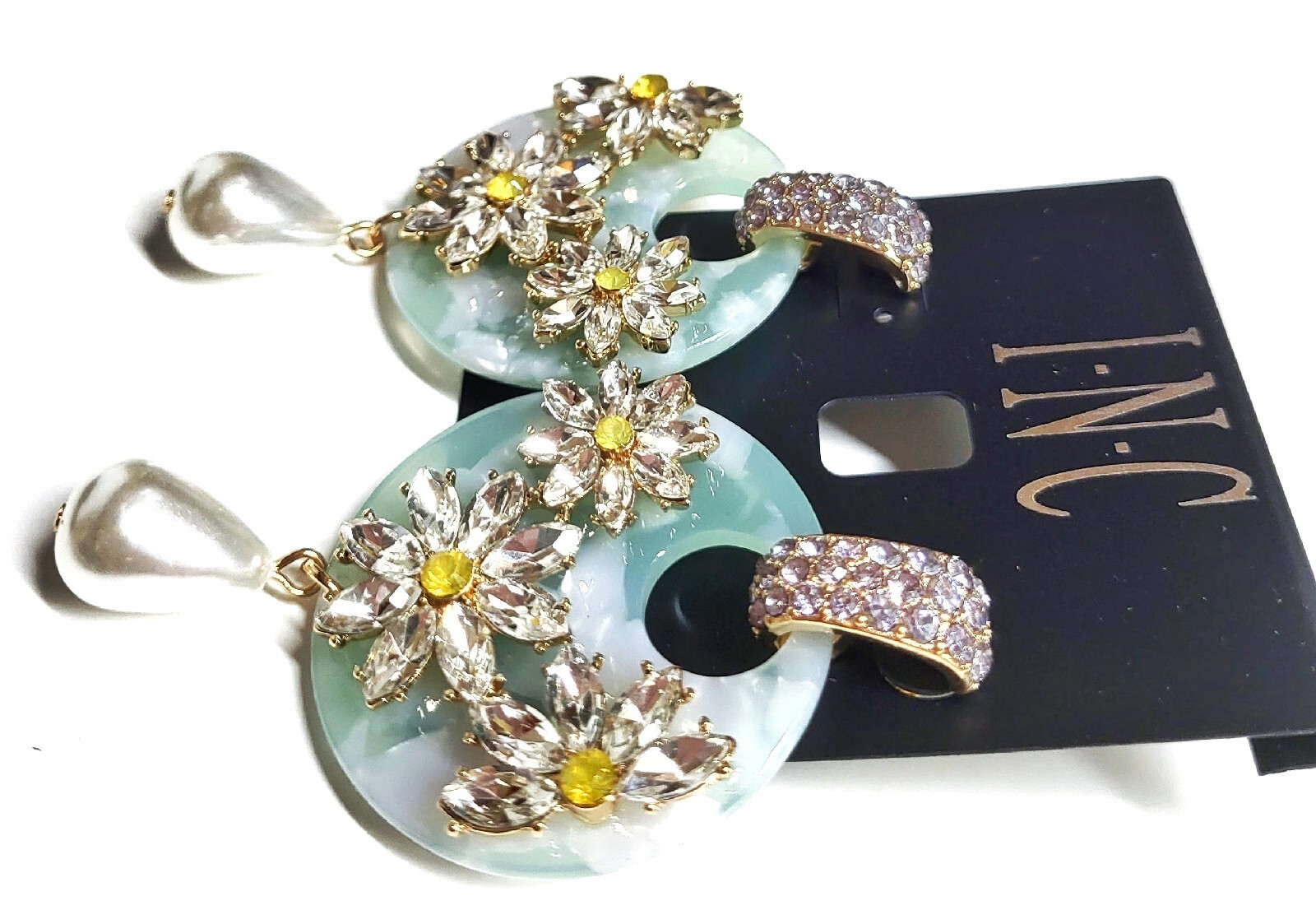 INC Crystal Resin Pearl Dangle Earrings Blue Daisy Multi-Color New with Tags