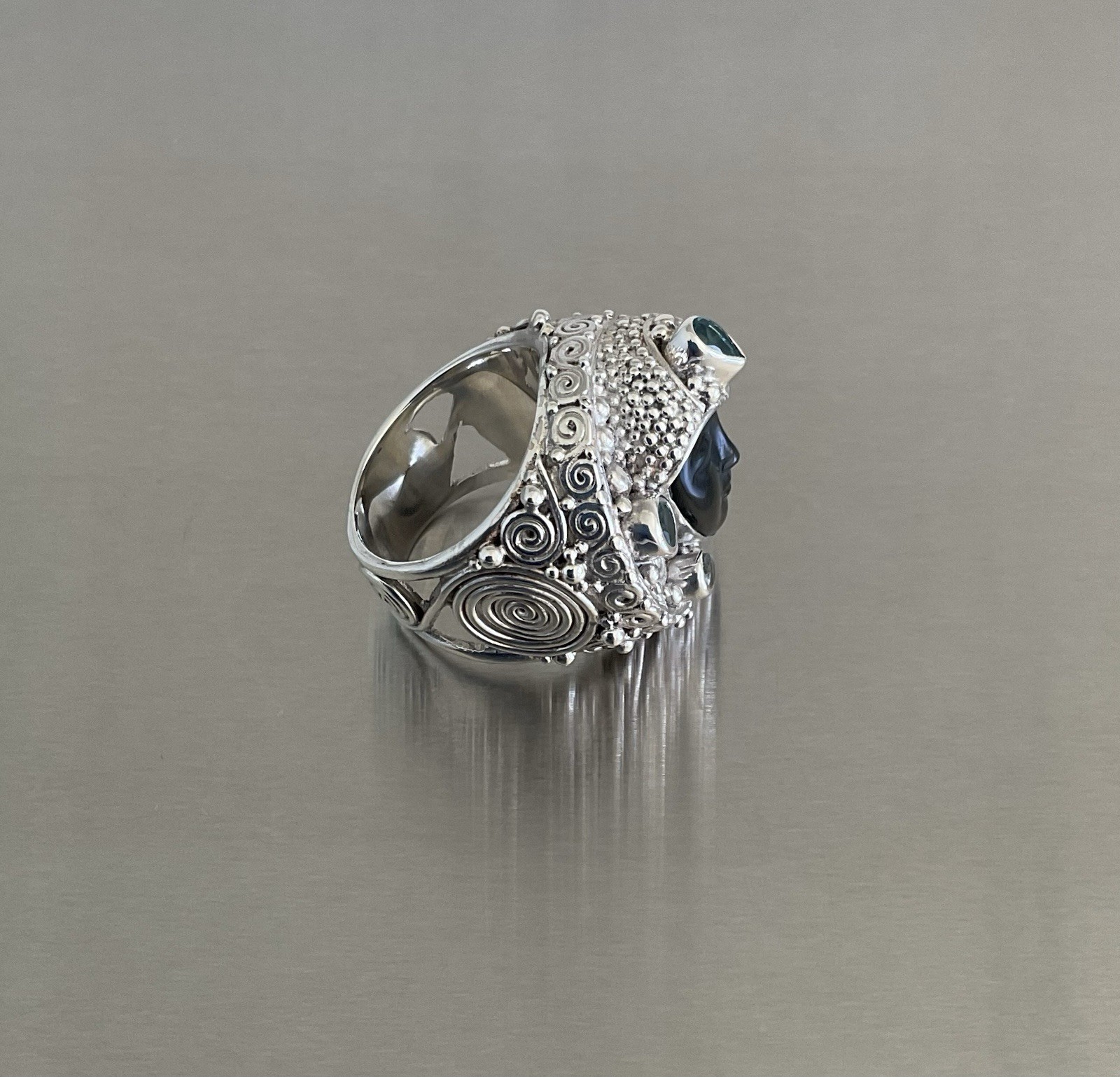 Sajen Carved Obsidian Goddess Face & Blue Topaz Ring 925 Sterling Silver Size 7