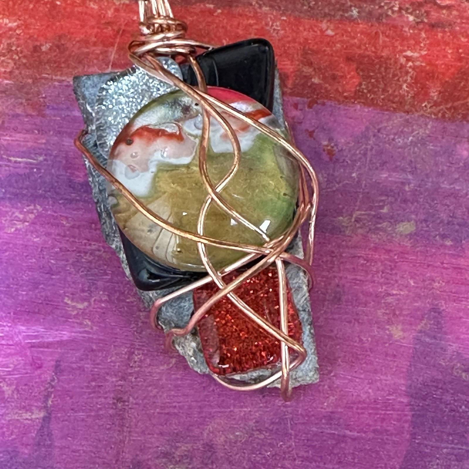 Pendant OOAK Handmade Artisan Wire Wrapped Glass And Stones 2204 S
