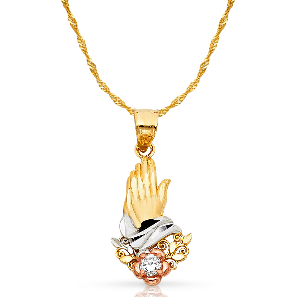 14K Tri Color Gold Praying Hands Pendant Necklace with 1.2mm Singapore Chain