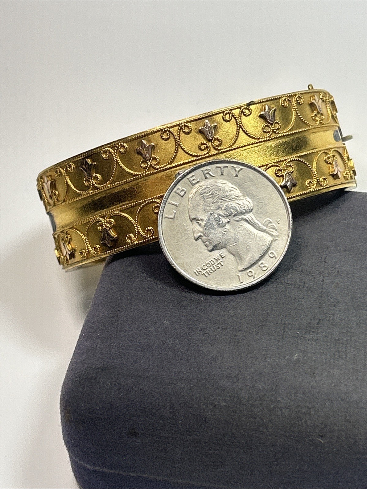 Victorian Etruscan Revival Gold Gild Wide Floral Motif Insert Clasp Bangle