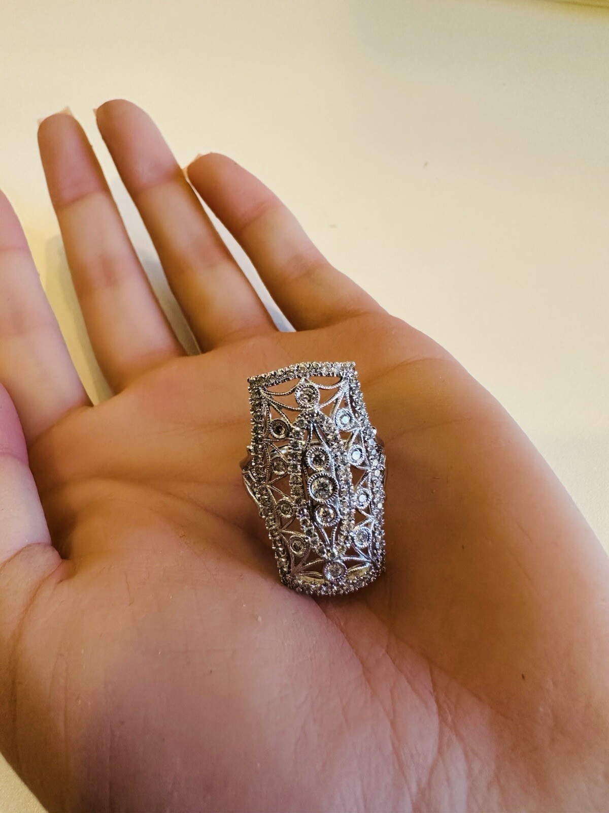 Gabriel & Co 14K White Gold Diamond Floral Filigree Long Right Hand Ring