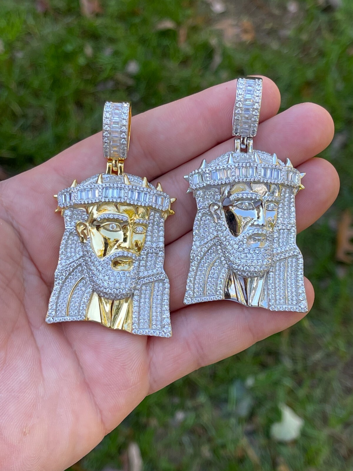 Men’s Large 925 Silver Gold Plated Jesus Piece Iced Hip Hop Necklace Baguette CZ