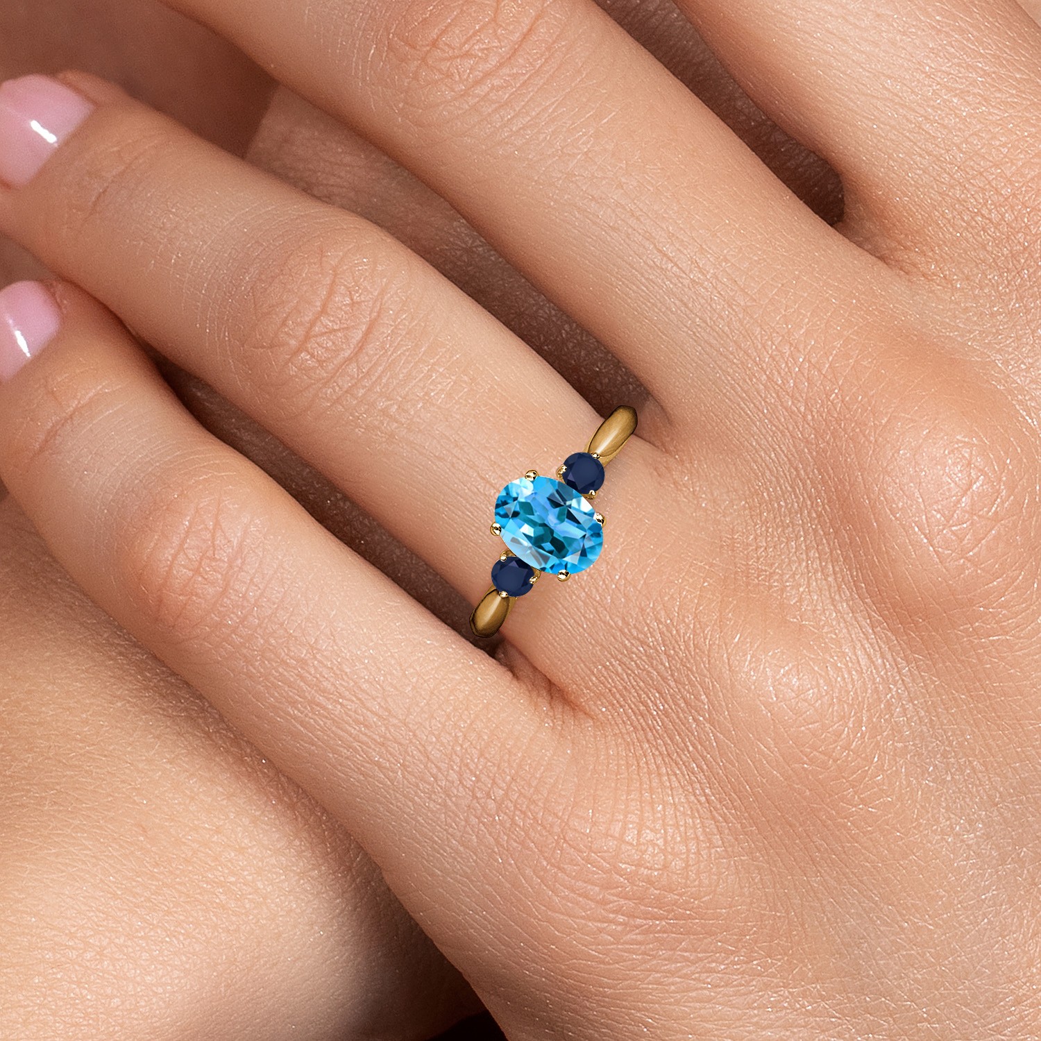 10K Yellow Gold Swiss Blue Topaz and Sapphire 3-Stone Ring For Women | 1.80