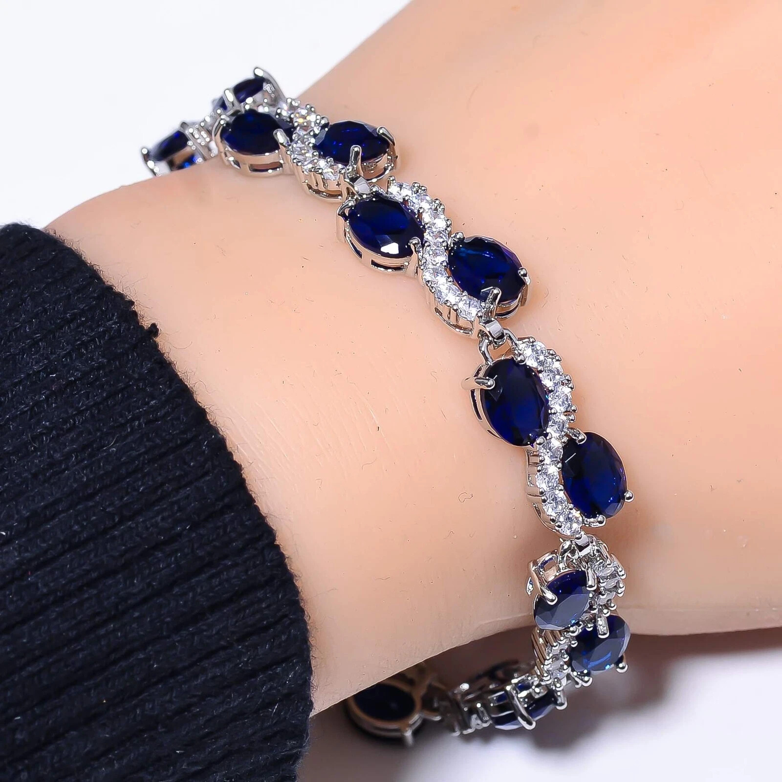 10Ct Oval Cut Simulated Sapphire Fancy Tennis Bracelet 925 White Sterling Silver