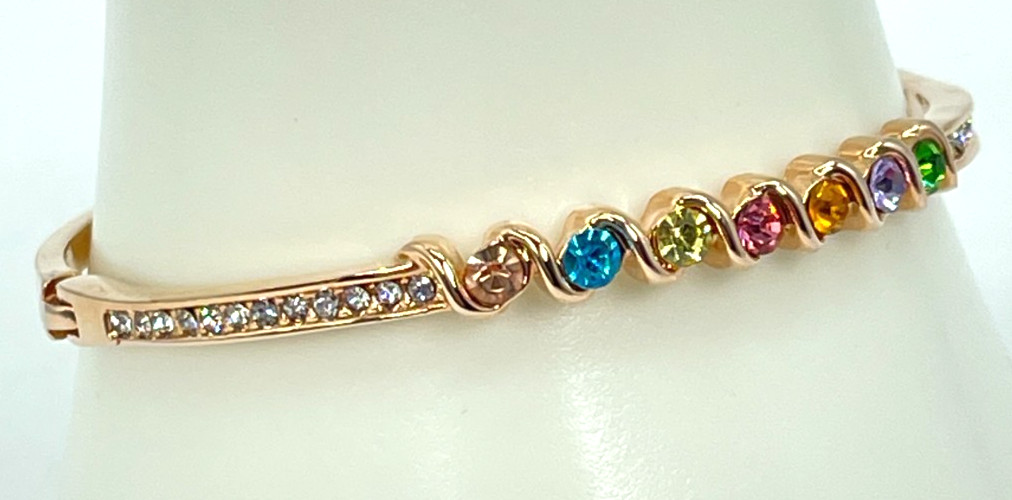 Bracelet Rose Gold Tone Hooked Bangle w/Multicolor Crystals 7″