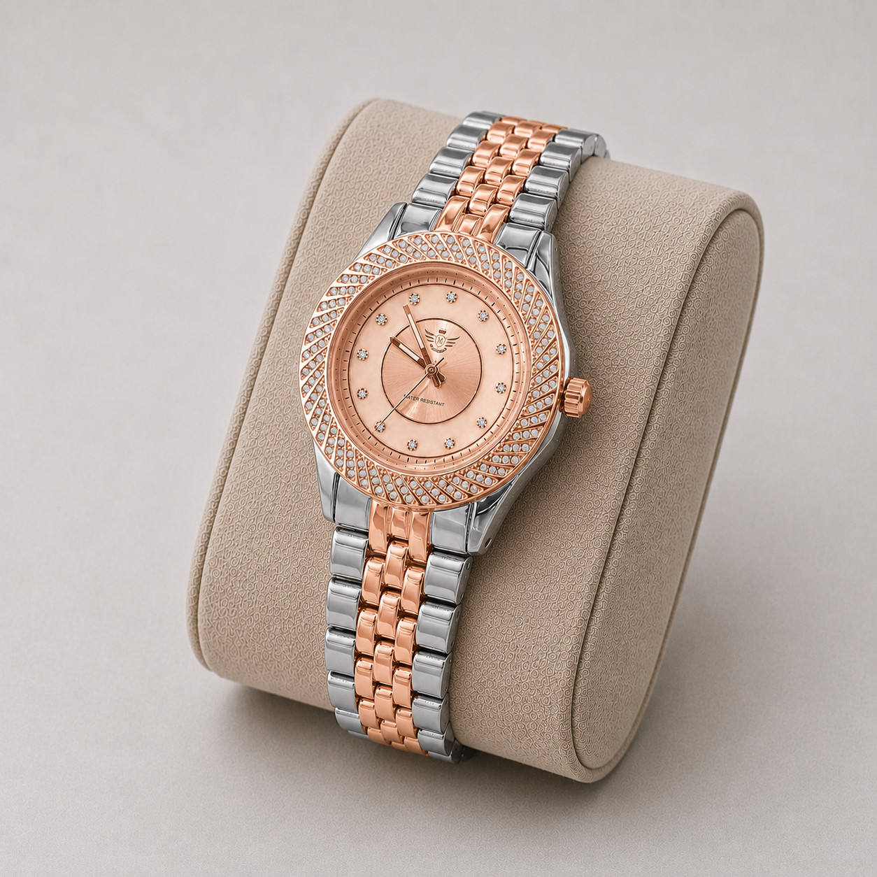 Mens Iced Out Watch Rose Gold Silver Two Tone Crystal Bezel Quartz 43mm