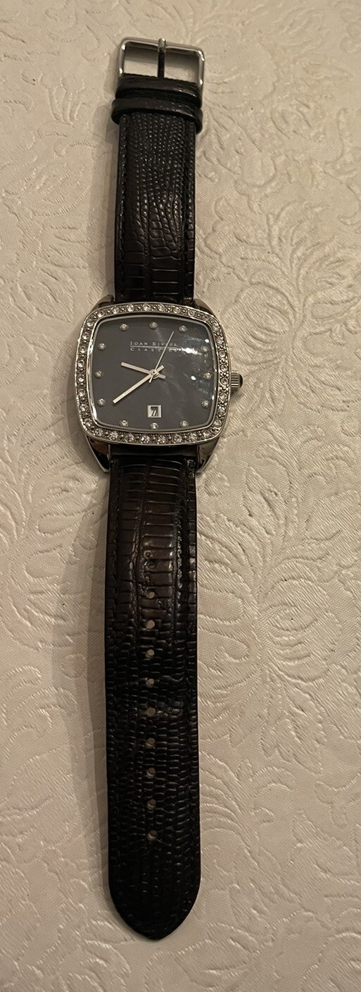 Vtg Joan Rivers Watch V377 Classics Black Leather Band New Battery Square Face