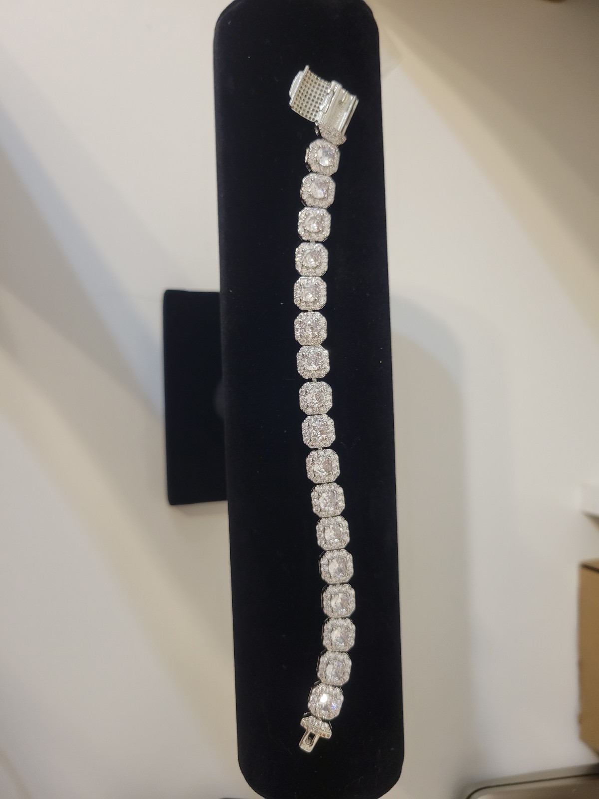 Silver Tone Cushion Cut Halo Simulated CZ Tennis Bracelet Box Clasp Closure