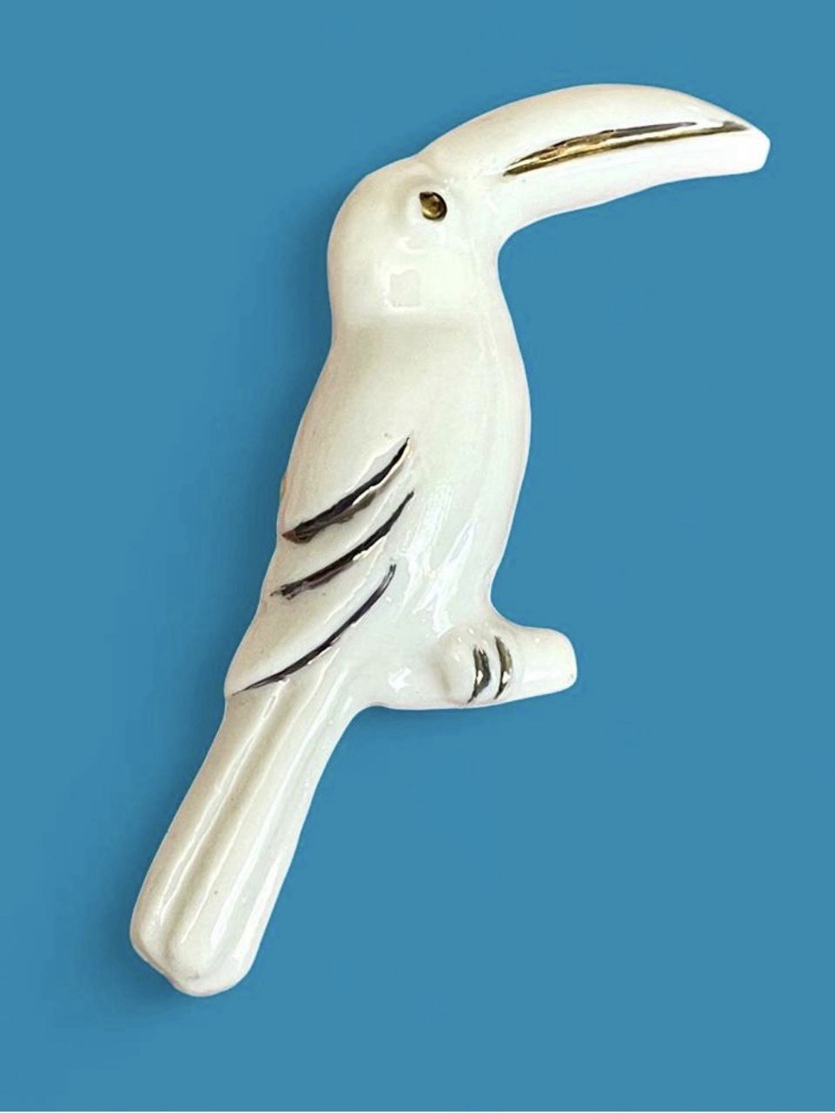 Vintage 1970s Porcelain White Toucan Bird Brooch Pin Tropical Gold & Silver Chic