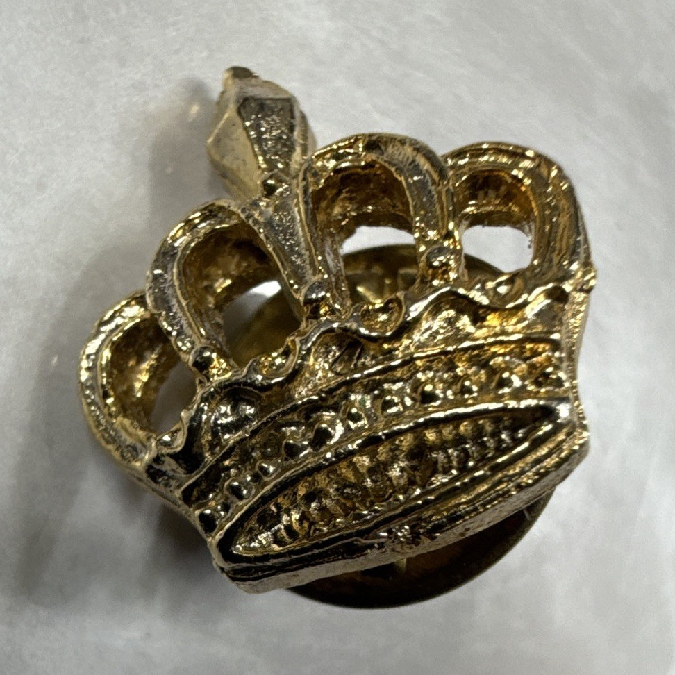 Gold Tone Metal Crown Pin with Clear White/Colorless Crystal Rhinestones