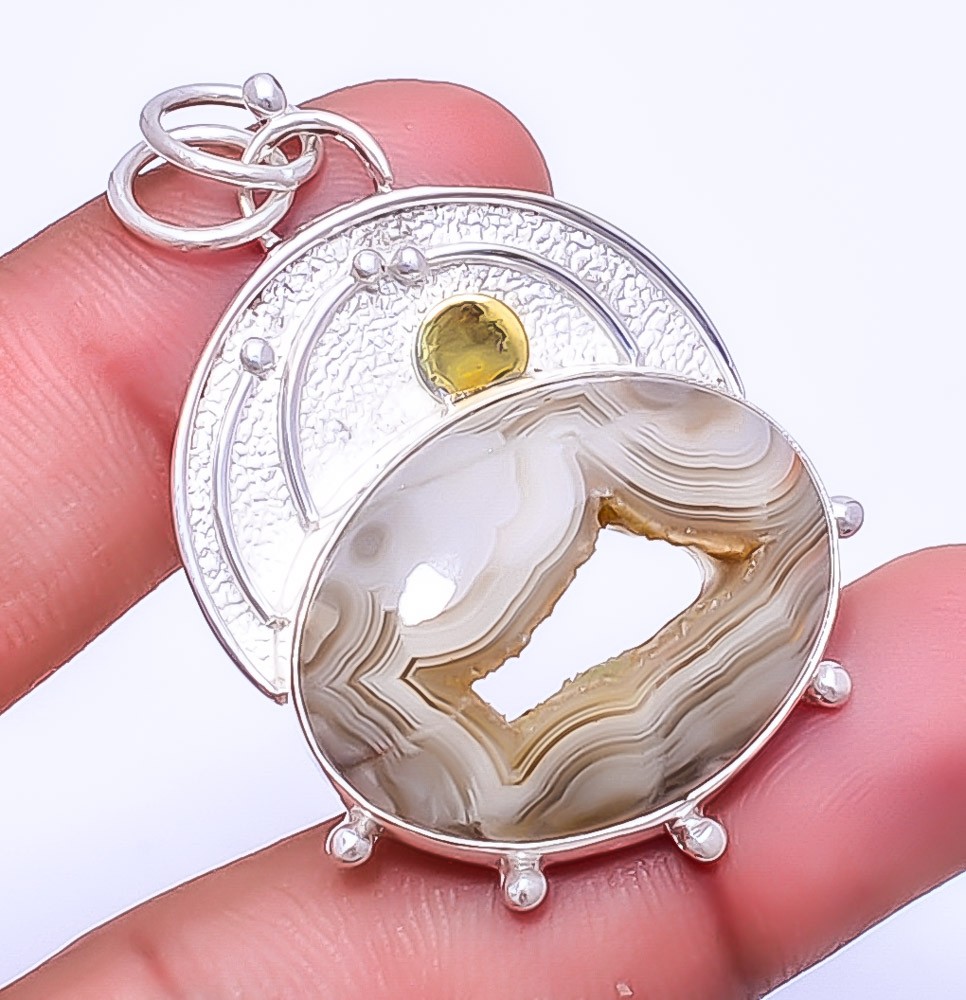 Druzy In Crazy Lace Agate 925 Sterling Silver Pendant 1.95″ P2, Christmas Gift