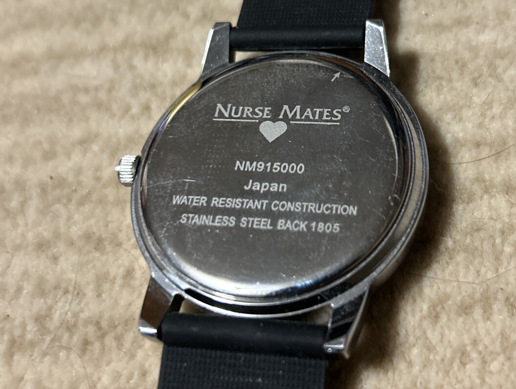 Nurse Mates Wrist Watch Silver W/Black Band, Not Tested & Needs Battery.