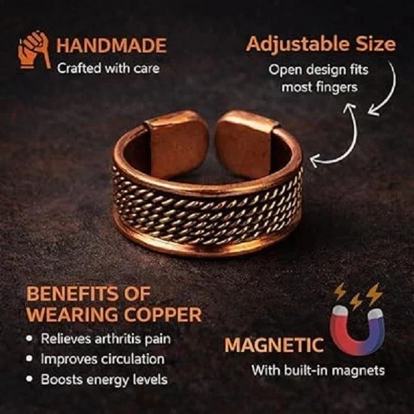 Solid Pure Copper Magnetic Adjustable Free Size Healing Ring, Handmade
