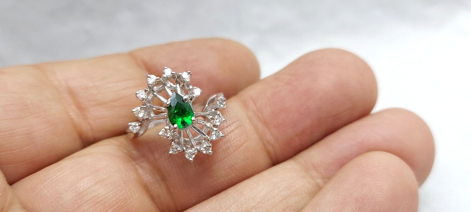 1.24CT Genuine Natural Mined Emerald & Diamond Ring In Solid 14K White Gold