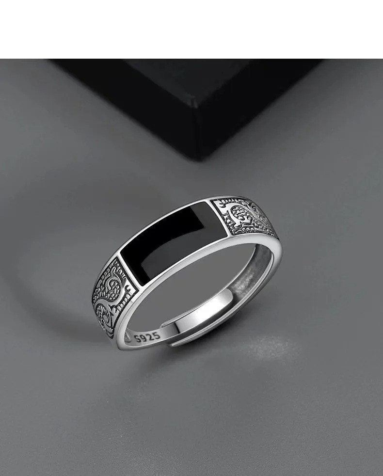 925 Sterling Silver Men’s Black Gem Ring Luxury Wedding Band Fine Jewelry Gift