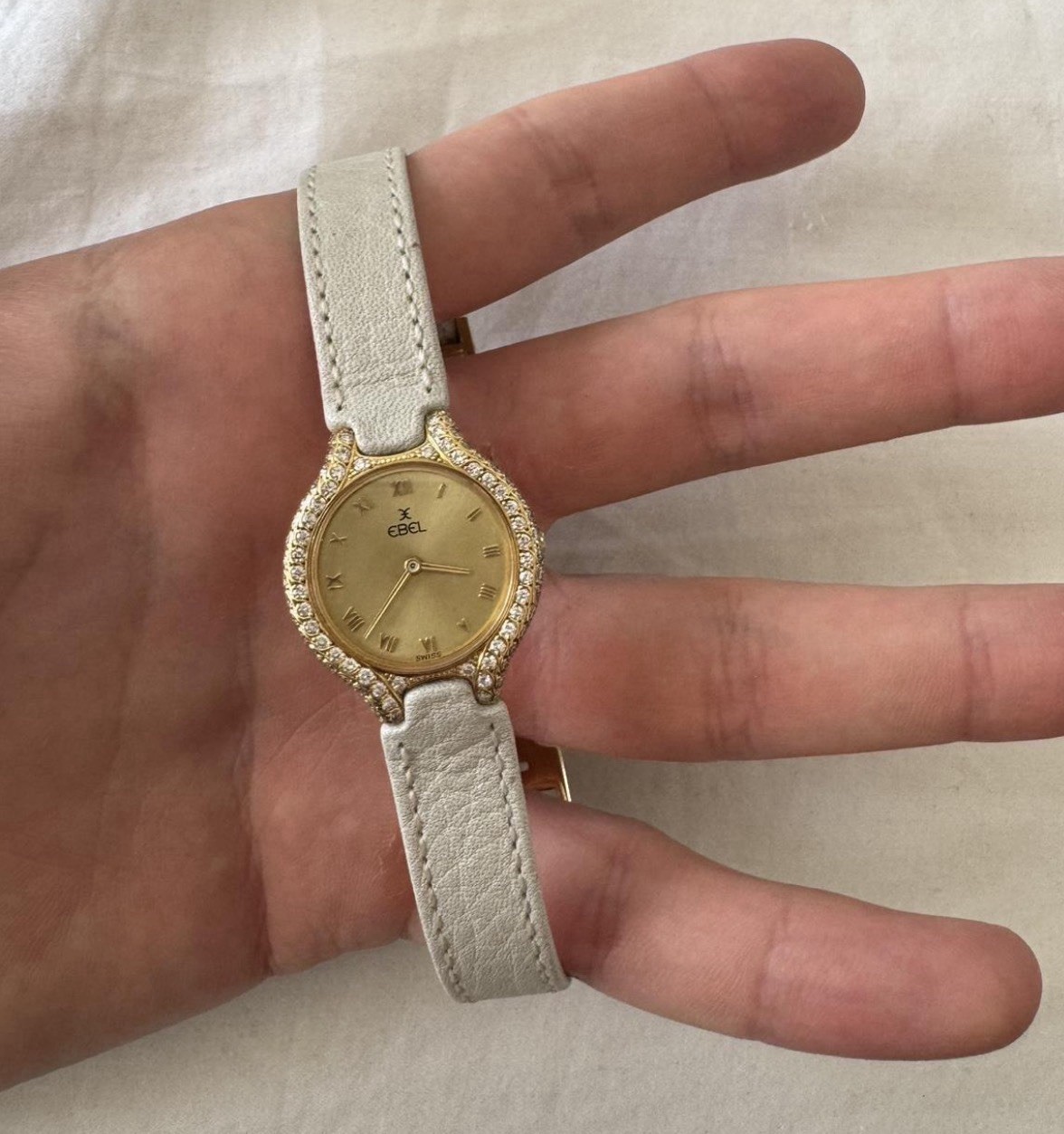 EBEL Beluga Vintage Quartz Gold Dial Roman Numerals Gem-Set Bezel White Leather