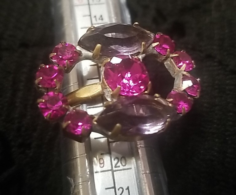 Antique, BIJOUX MG, Earrings&Ring Set, Rhinestones, Ring Size 8, Dark Pink, Gray
